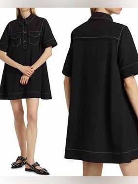 NWT Ganni Sable Topstitch Crepe Swing Spread Collar Button Mini Dress Black Sz 4